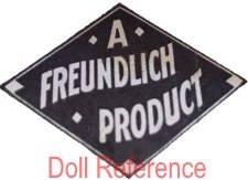 Ralph A. Freundlich doll hang tag of a blue triangle with silver text; A Freundlich Product