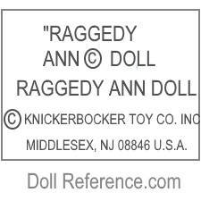 Knickerbocker Doll & Toy Company doll mark Raggedy Ann  Doll Raggedy Ann Doll  Knickerbocker Toy Co. Inc. Middlesex, NJ  08846 U.S.A.