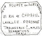 Lavallee doll label A la Poupée de Nuremberg, 21 Rue de Choiseul