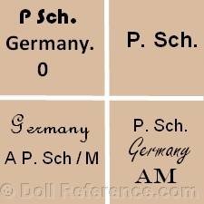 Peter Scherf doll mark P Sch. Germany, P. Sch., Germany A P. Sch / M, P. Sch Germany AM