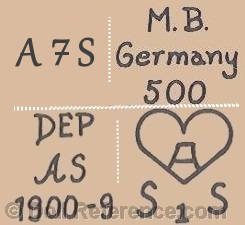 Arthur Schoenau doll mark MB Germany, A7S, MB 500 , DEP AS 1900-9, A in a heart symbol S1S