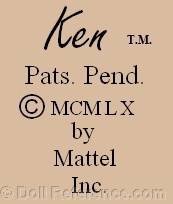 Ken doll mark Ken Pats. Pend. MCMLX by Mattel Inc.