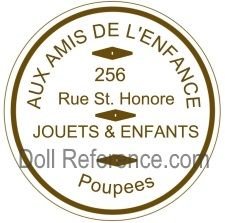 Aux Amis de L`Enfance doll & toy store label 256 Rue St. Honore
