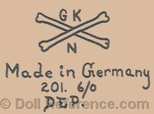 Gebrüder Knoch doll mark GKN, two crossed bones symbol, Made in Germany, 201 6/0 DEP