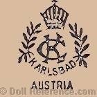 Carl Knoll Karlsbad Porzellanfabrik dinnerware & doll mark crown symbol, laurel wreath, CK intertwined Karlsbad Austria 