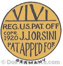 Jeanne I. Orsini doll mark label Vivi Reg. U.S. Pat. Off. Copr. 1920 J. J. Orsini Pat. Applied For Germany