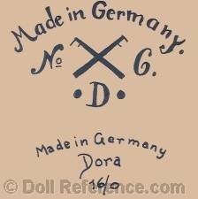 Rauenstein Porzellanfabrik doll mark Made in Gerrmany No. crossed flags 6 • D • Made in Germany Dora 16/0
