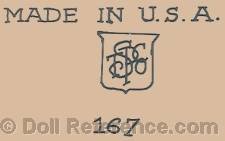 Saalfield Publishing Company doll mark Made in U.S.A, SPTCO on a shield 167