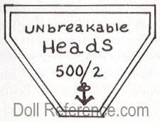 Papier mache doll mark Unbreakable Heads 500/2 anchor symbol