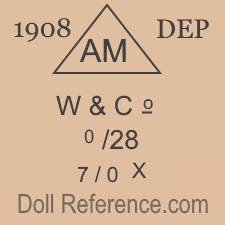 Wiefel & Co doll mark 1908 AM triangle DEP W & Co. 0/28 7/0/X