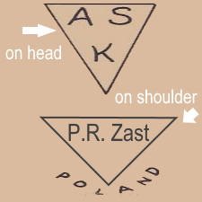 P.R. Zast doll mark ASK in a triangle, PR Zast in a triangle Poland